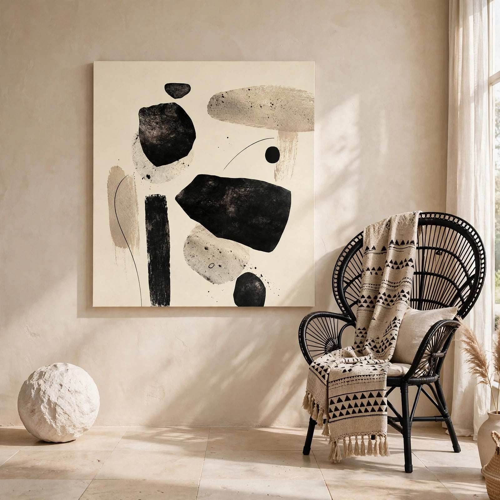 Zen Stone Abstract — bold black organic shapes on warm ivory canvas, Japandi minimalist art print