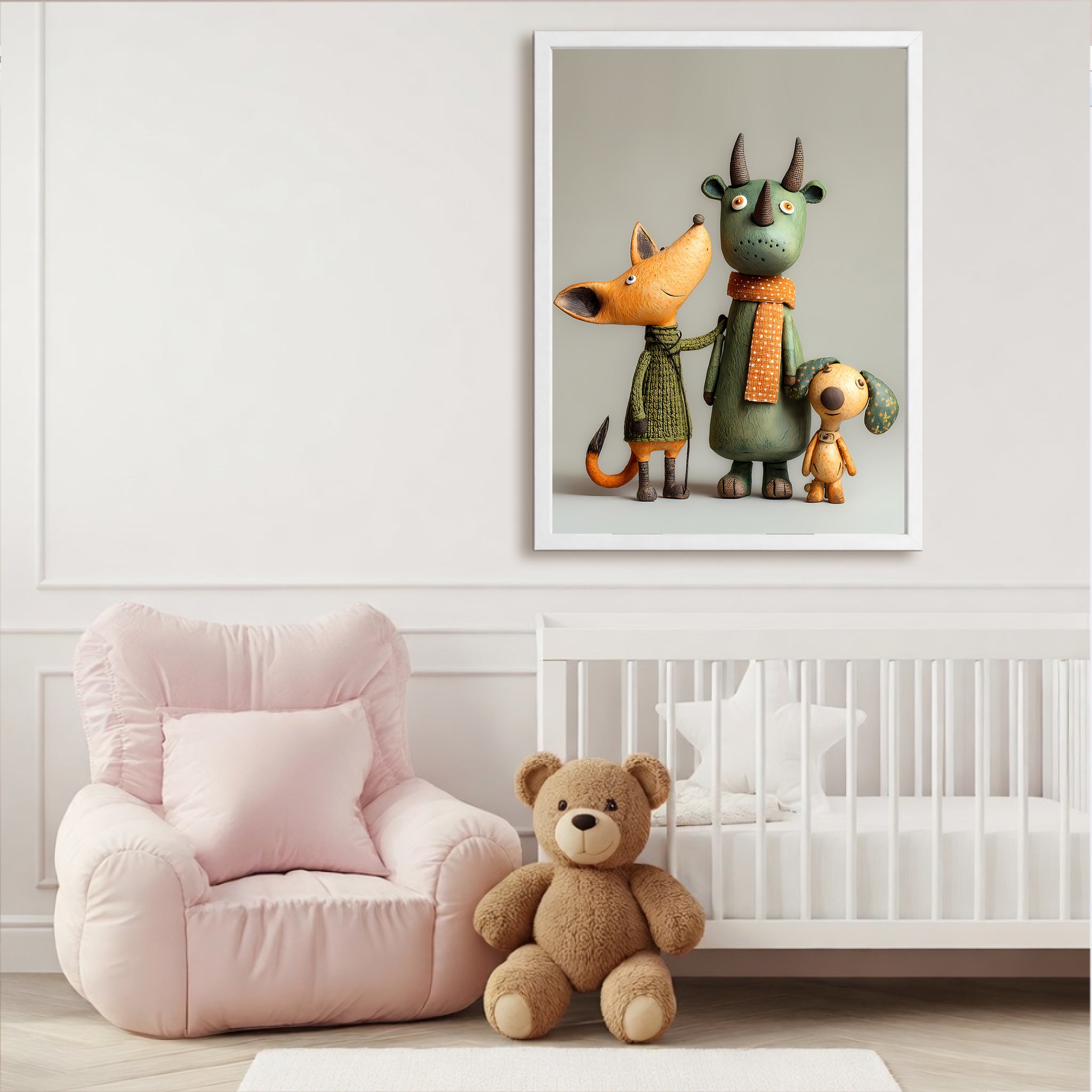 Cute animal friends art print displayed in a children's room with white frame